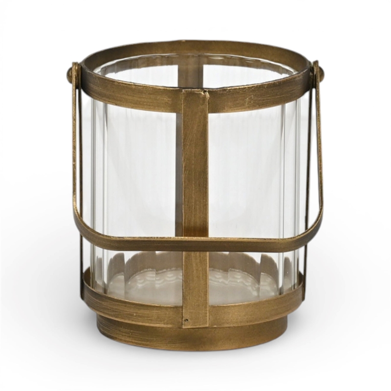 Vortial Fluted Glass Candle Lantern with Gold Metal Frame - Small