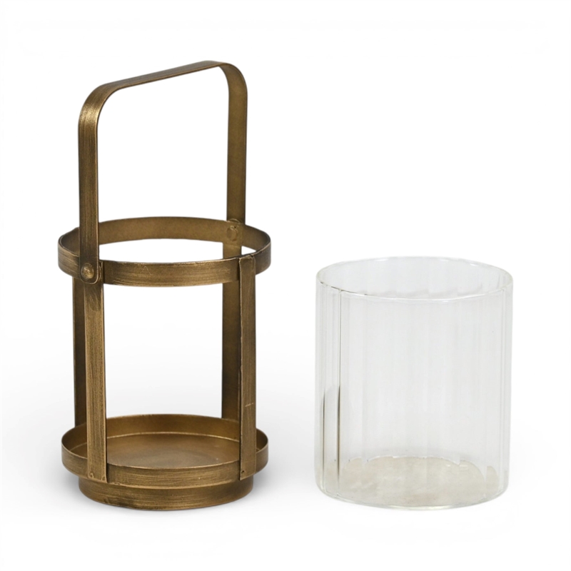 Vortial Fluted Glass Candle Lantern with Gold Metal Frame - Small