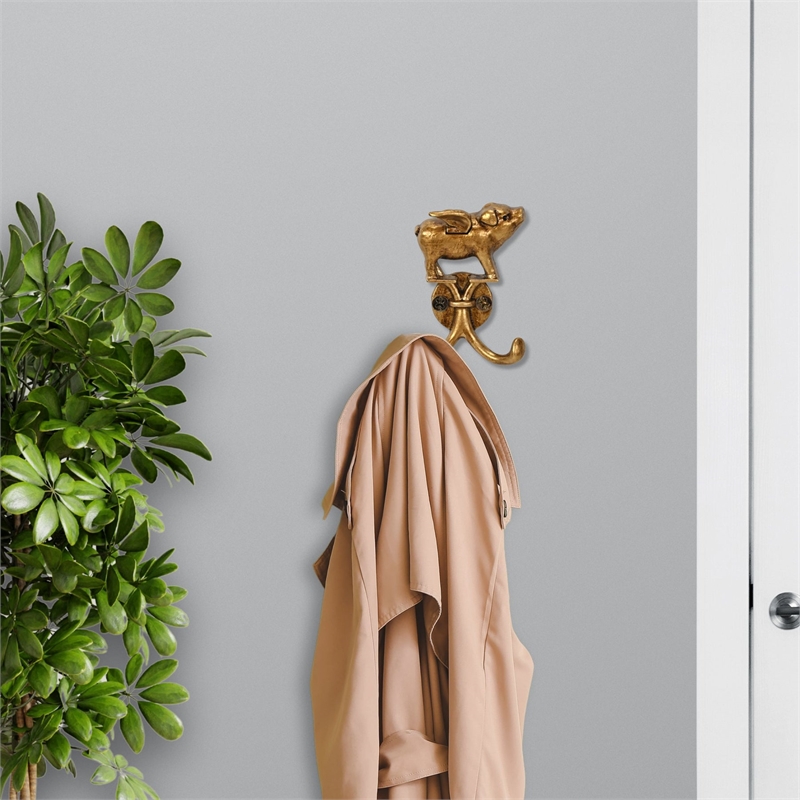 Pecara Flying Pig Gold Cast Iron Wall Hook