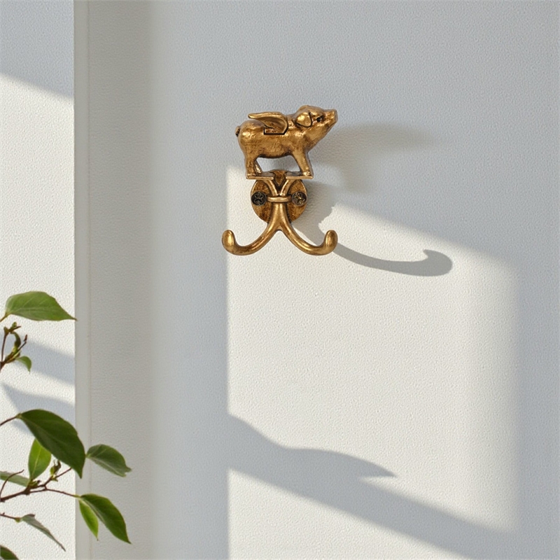 Pecara Flying Pig Gold Cast Iron Wall Hook