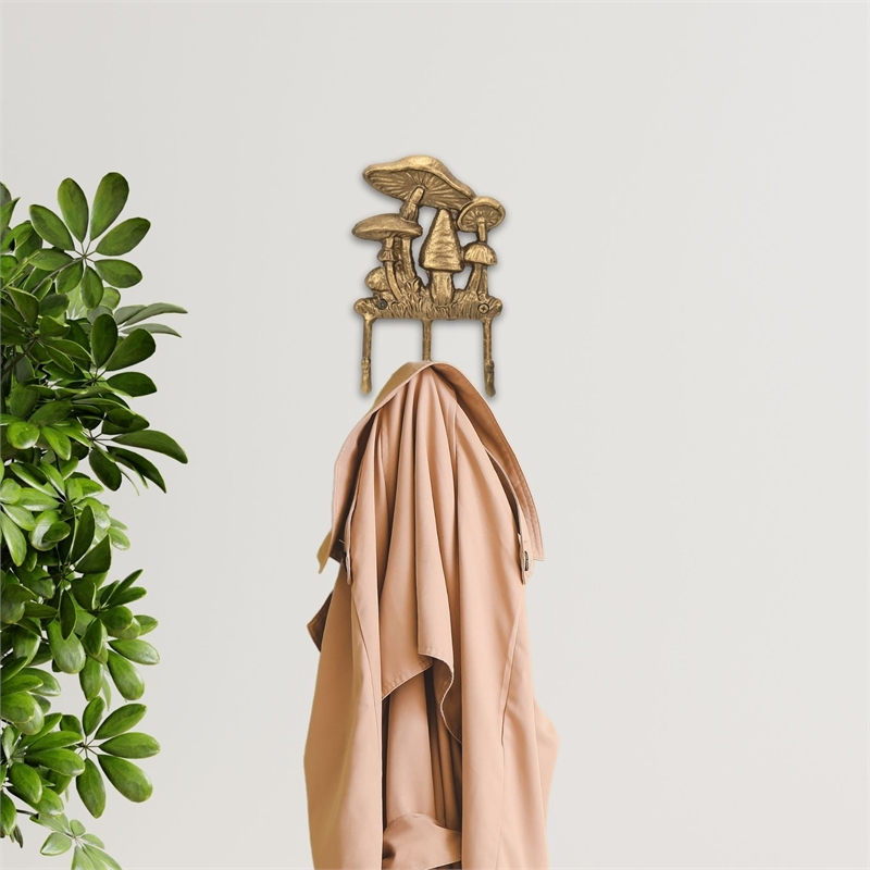Mythra Golden Mushroom Medley Cast Iron 3 Prong Wall Hook