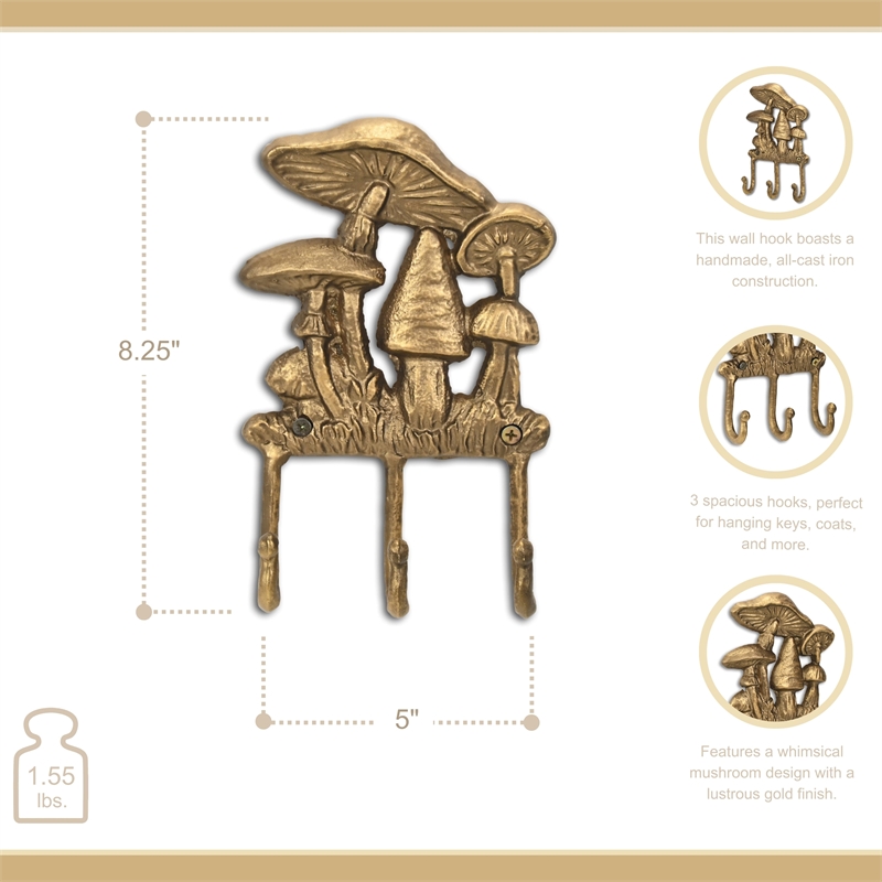 Mythra Golden Mushroom Medley Cast Iron 3 Prong Wall Hook