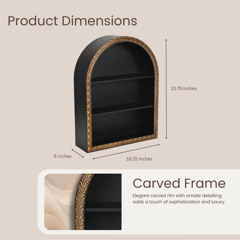 Mireza Ornate Framed Black & Gold 3 Tier Wooden Wall Shelf