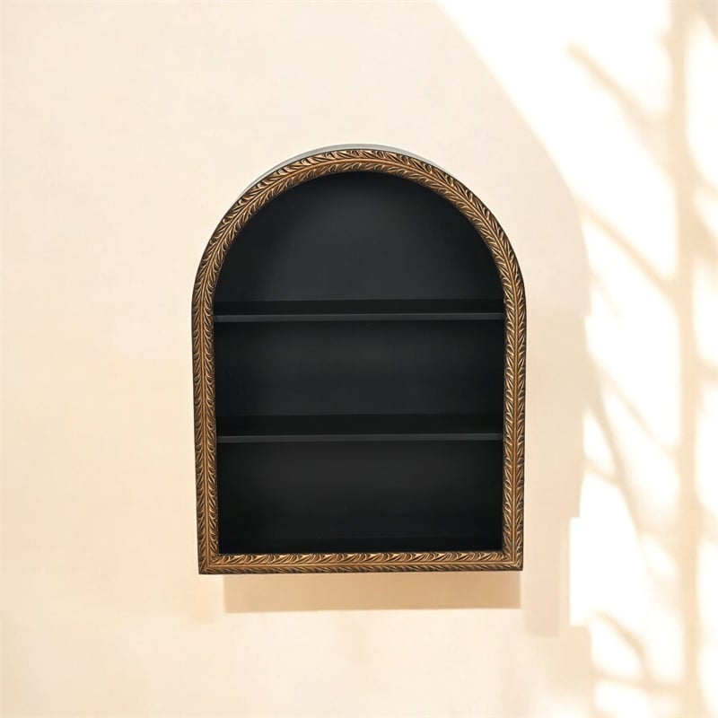 Mireza Ornate Framed Black & Gold 3 Tier Wooden Wall Shelf