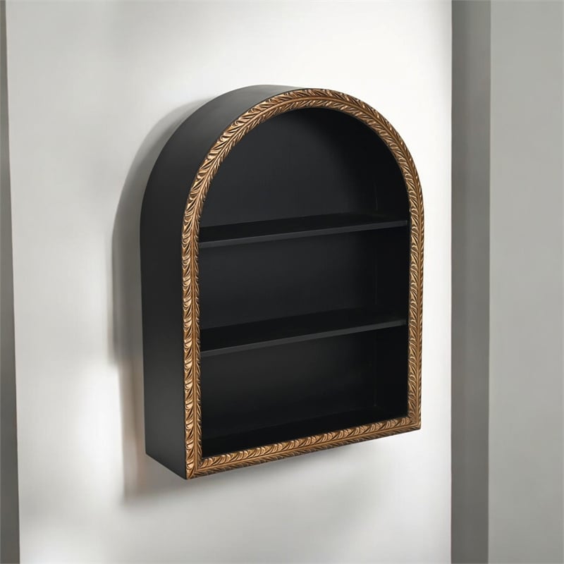 Mireza Ornate Framed Black & Gold 3 Tier Wooden Wall Shelf