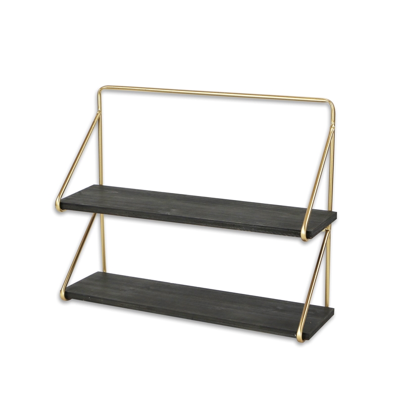 Nicasia 2 Tier Brown & Gold Wood Wall Shelf