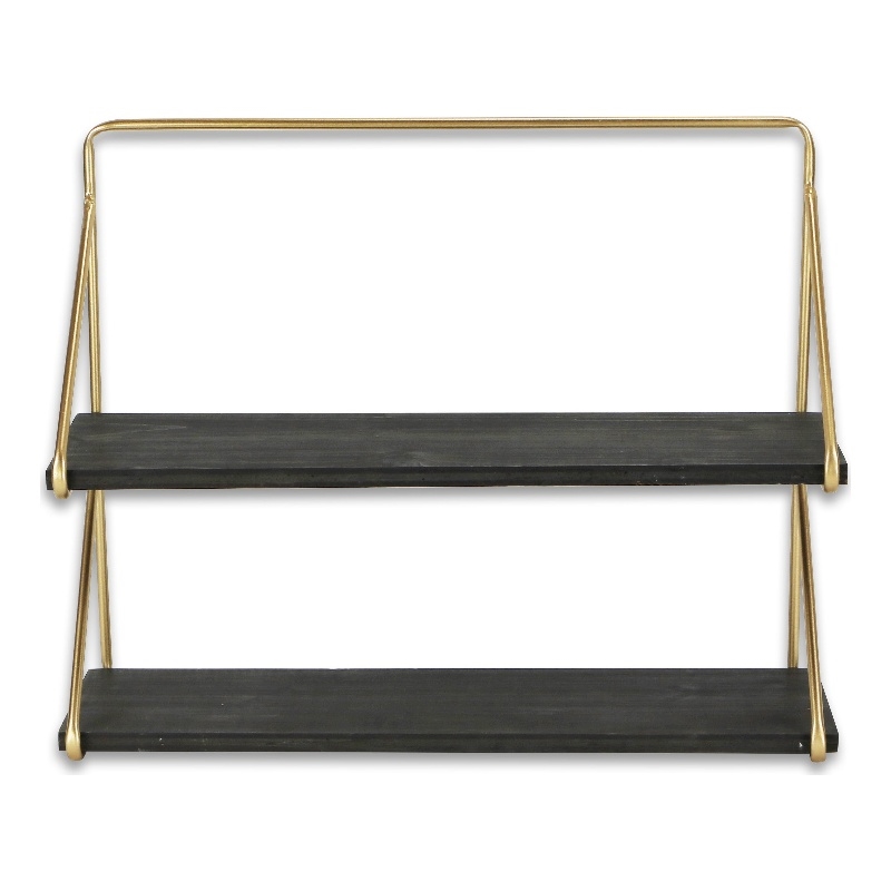Nicasia 2 Tier Brown & Gold Wood Wall Shelf