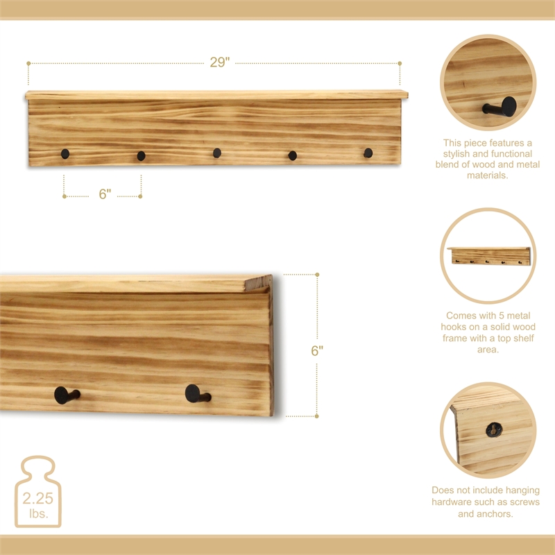 Aldervale Wood & Metal 5 Hook Hanger & Shelf