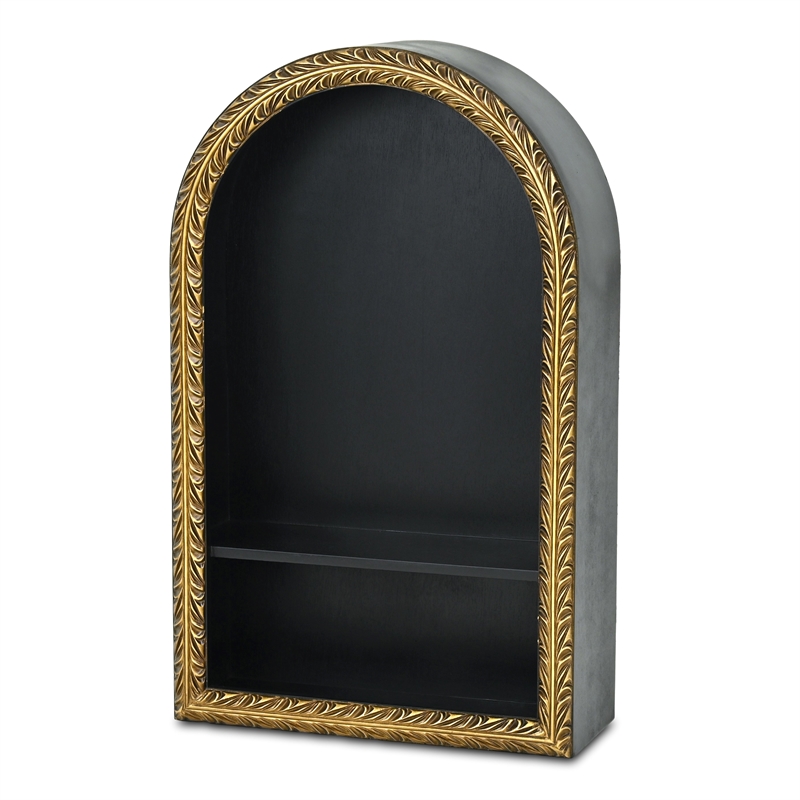 Mireza Ornate Framed Black & Gold 2 Tier Wooden Wall Shelf