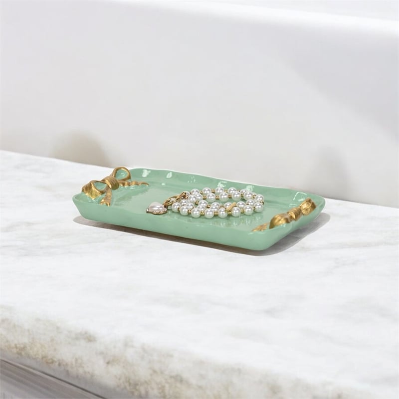 Lynza Teal & Gold Ribbon Themed Cast Iron Catchall Tray