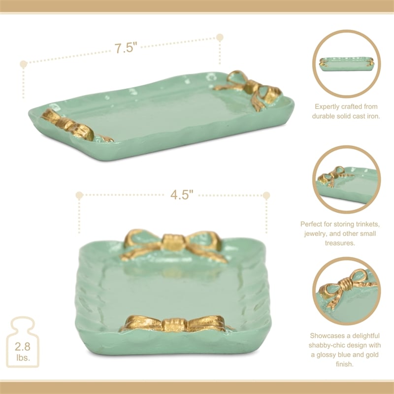 Lynza Teal & Gold Ribbon Themed Cast Iron Catchall Tray