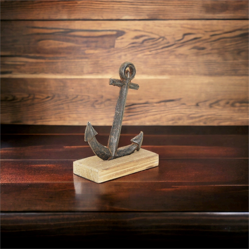 Ripplesong Cast Iron Anchor & Wood Base Decor
