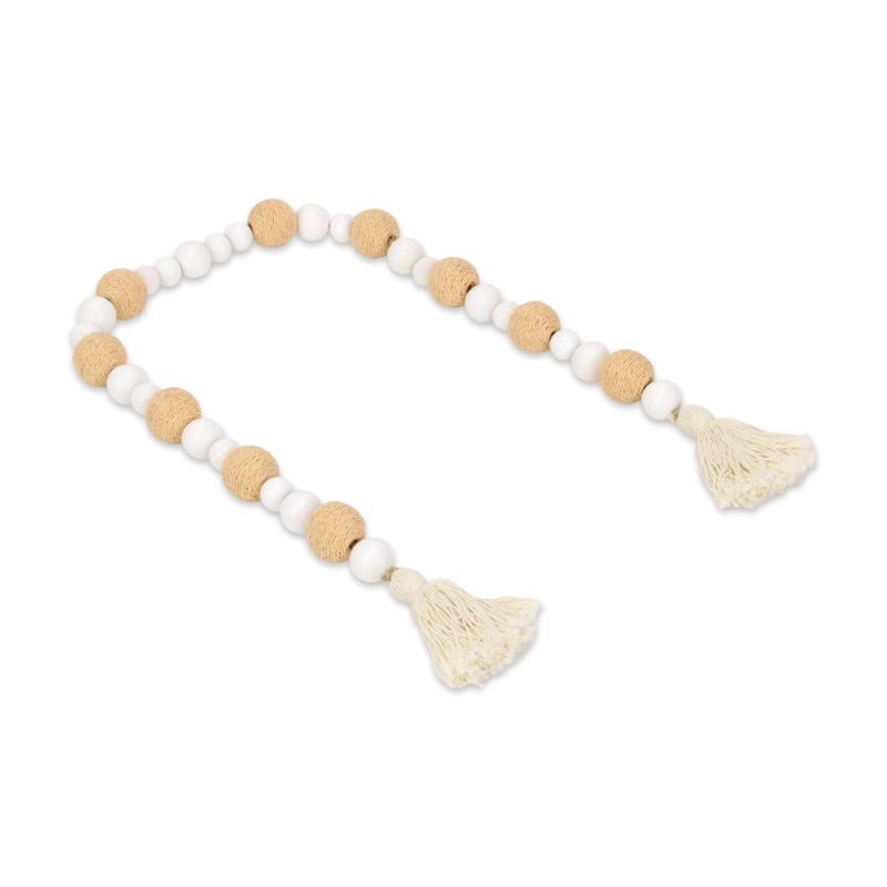 Kira White Wood and Brown Fabric Beaded Garland