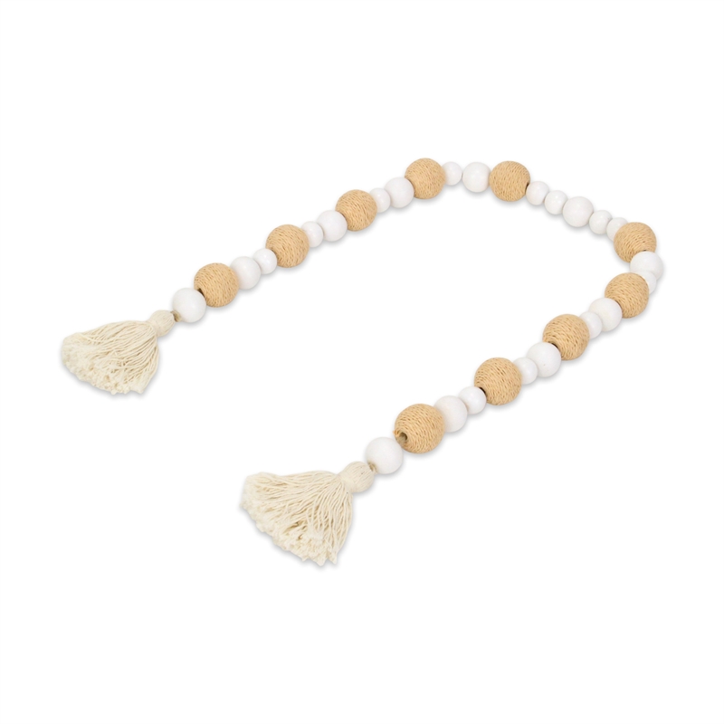 Kira White Wood and Brown Fabric Beaded Garland