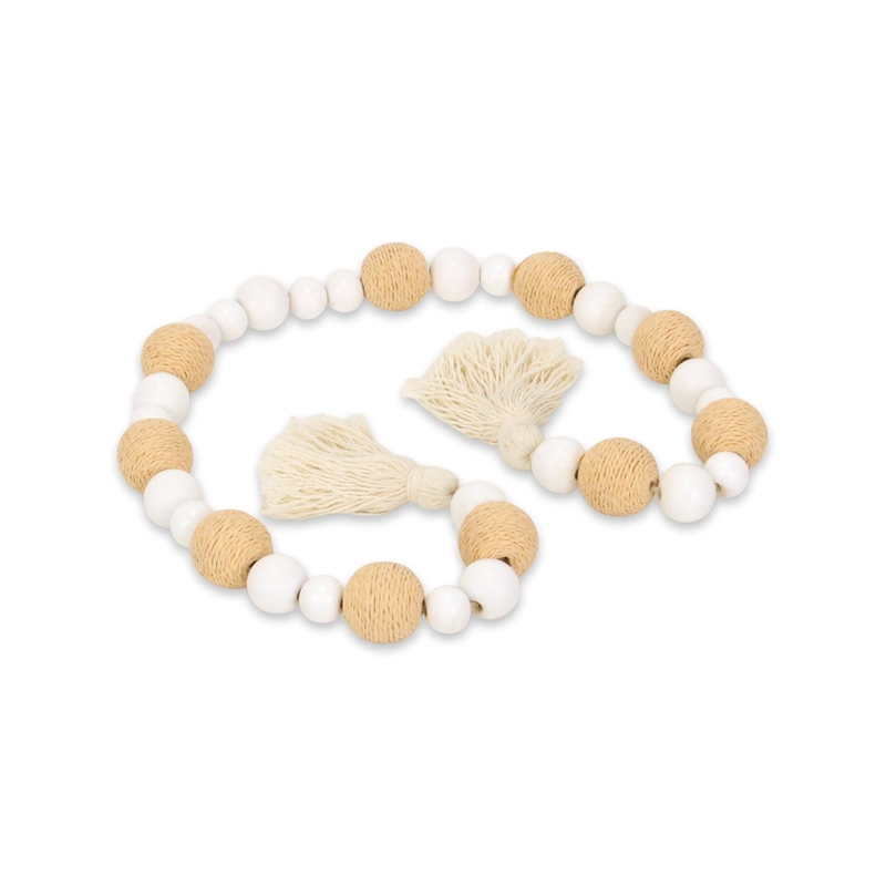 Kira White Wood and Brown Fabric Beaded Garland