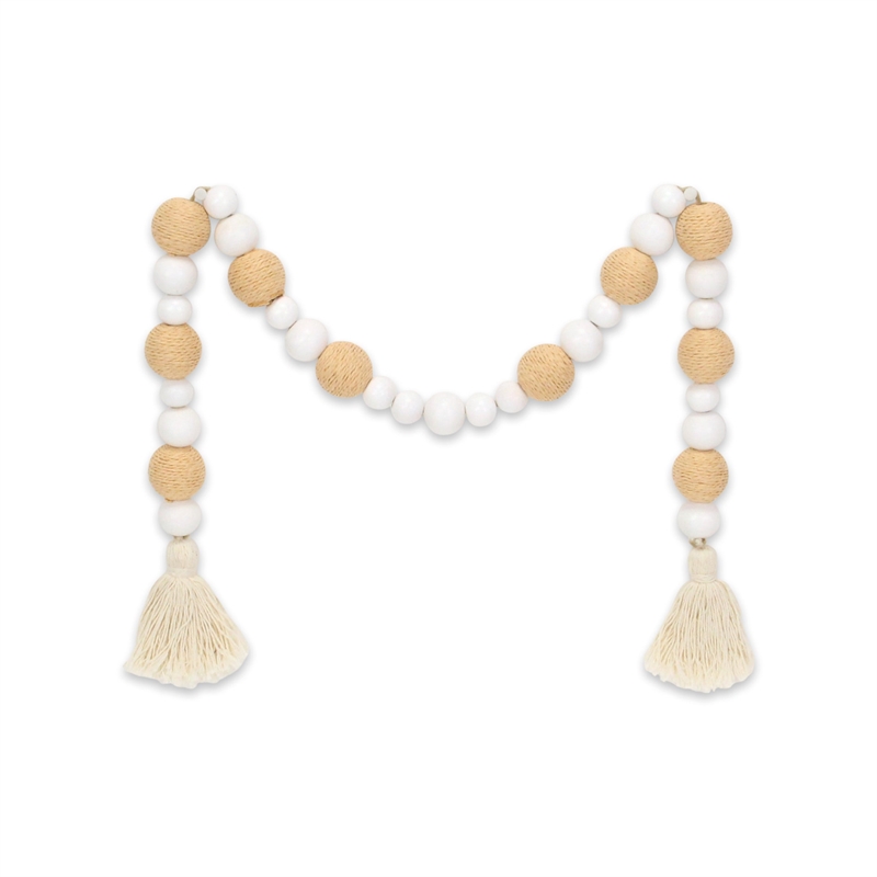 Kira White Wood and Brown Fabric Beaded Garland