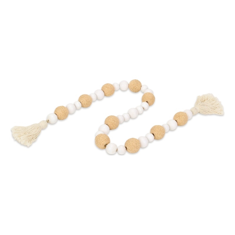 Kira White Wood and Brown Fabric Beaded Garland