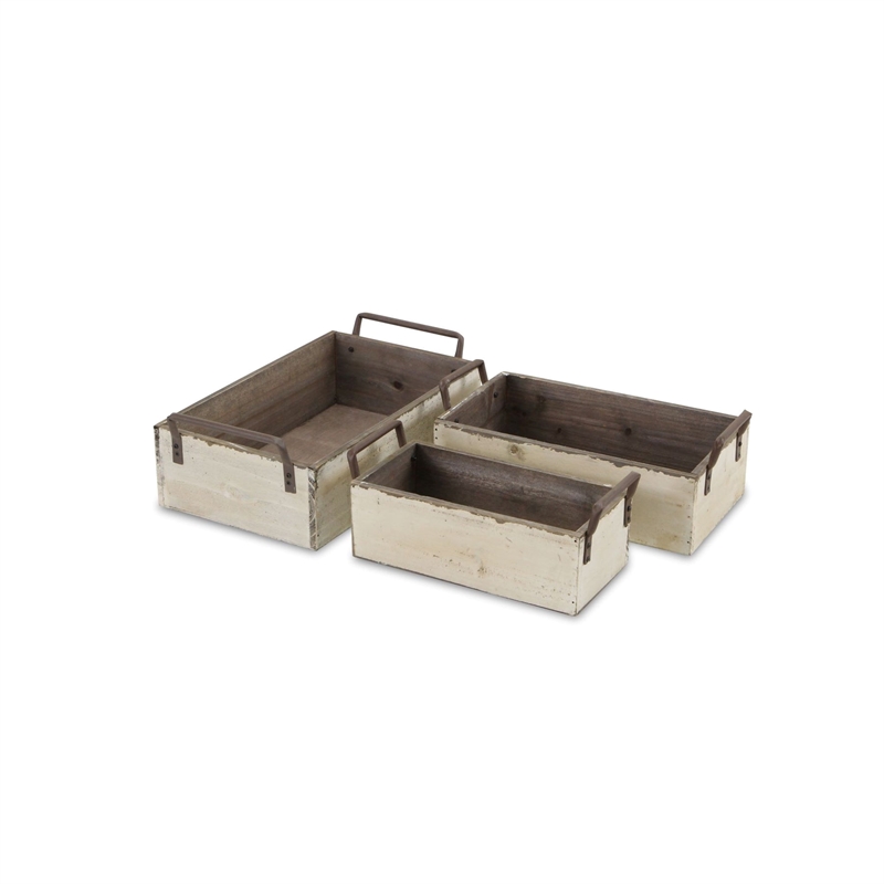 Weston Set of 3 Rustic Metal Accent White Wood Crates