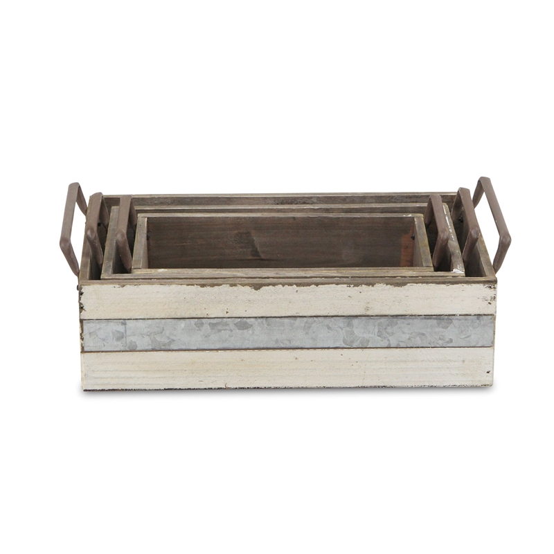 Weston Set of 3 Rustic Metal Accent White Wood Crates