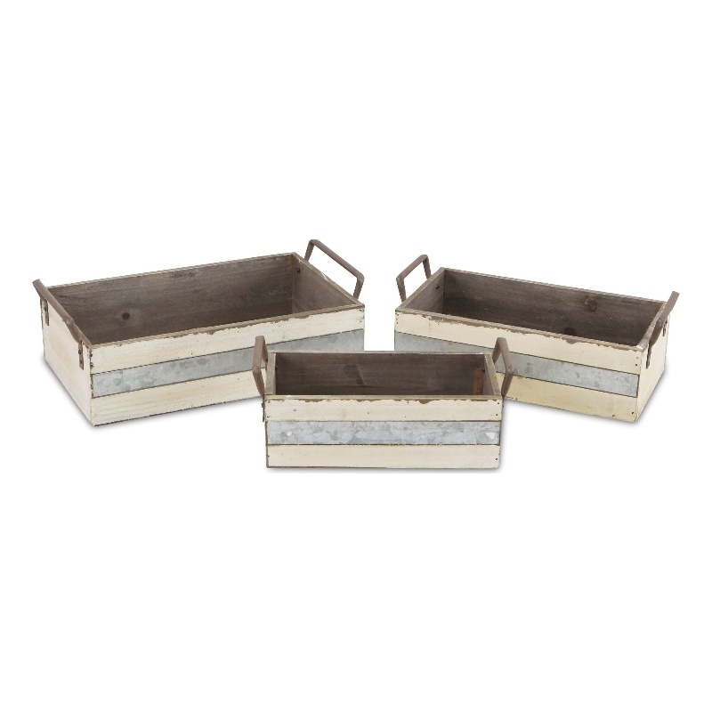 Weston Set of 3 Rustic Metal Accent White Wood Crates