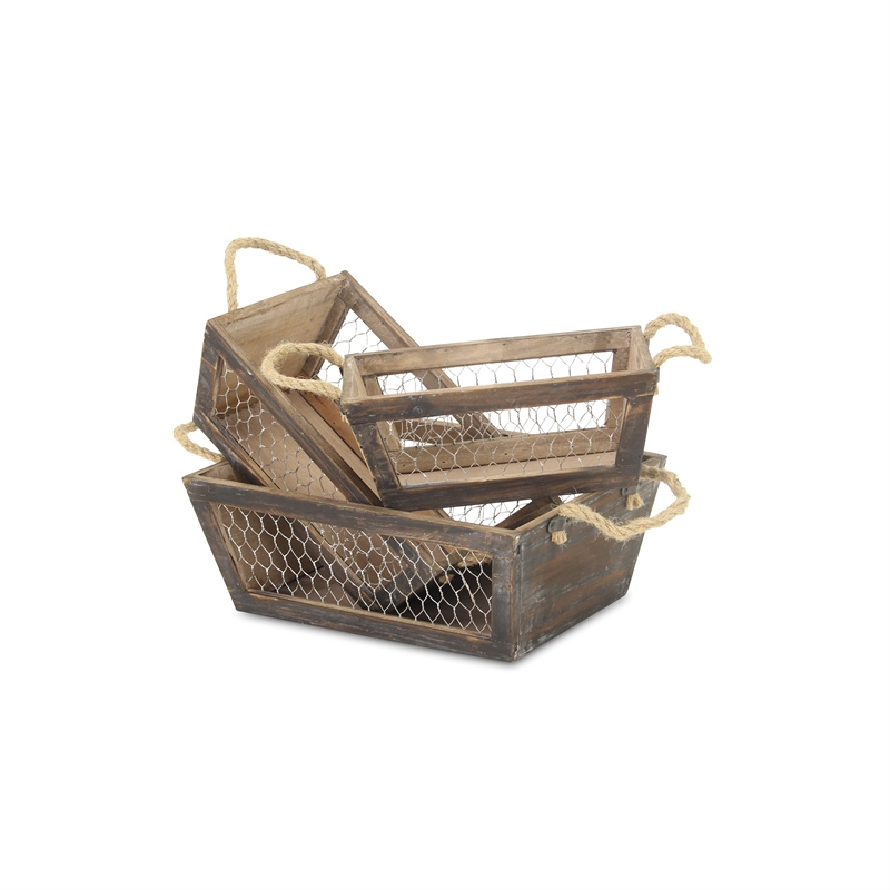 Irona Set of 3 Tapered Wood and Wire Crates - Brown