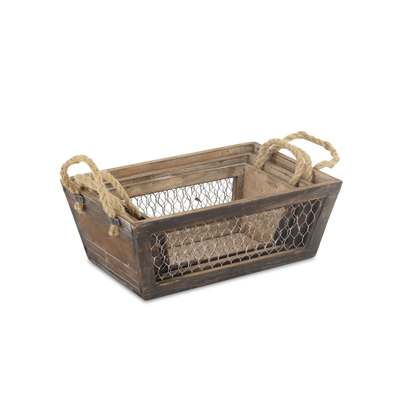 Irona Set of 3 Tapered Wood and Wire Crates - Brown