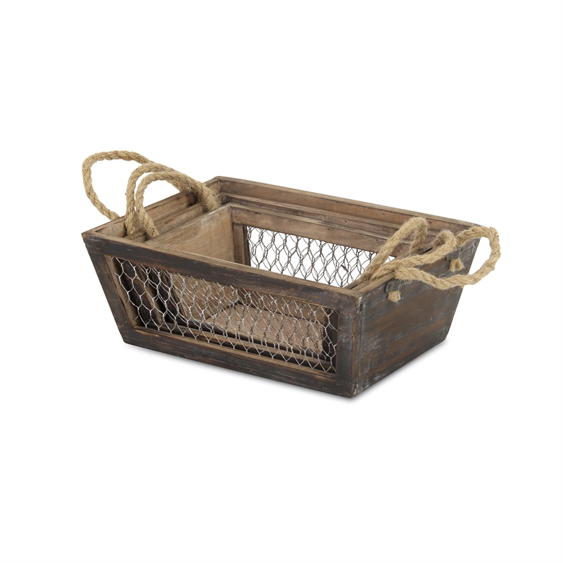 Irona Set of 3 Tapered Wood and Wire Crates - Brown