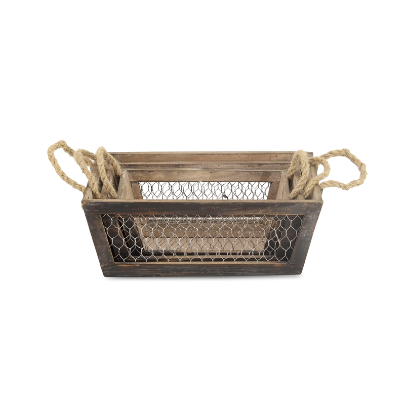 Irona Set of 3 Tapered Wood and Wire Crates - Brown