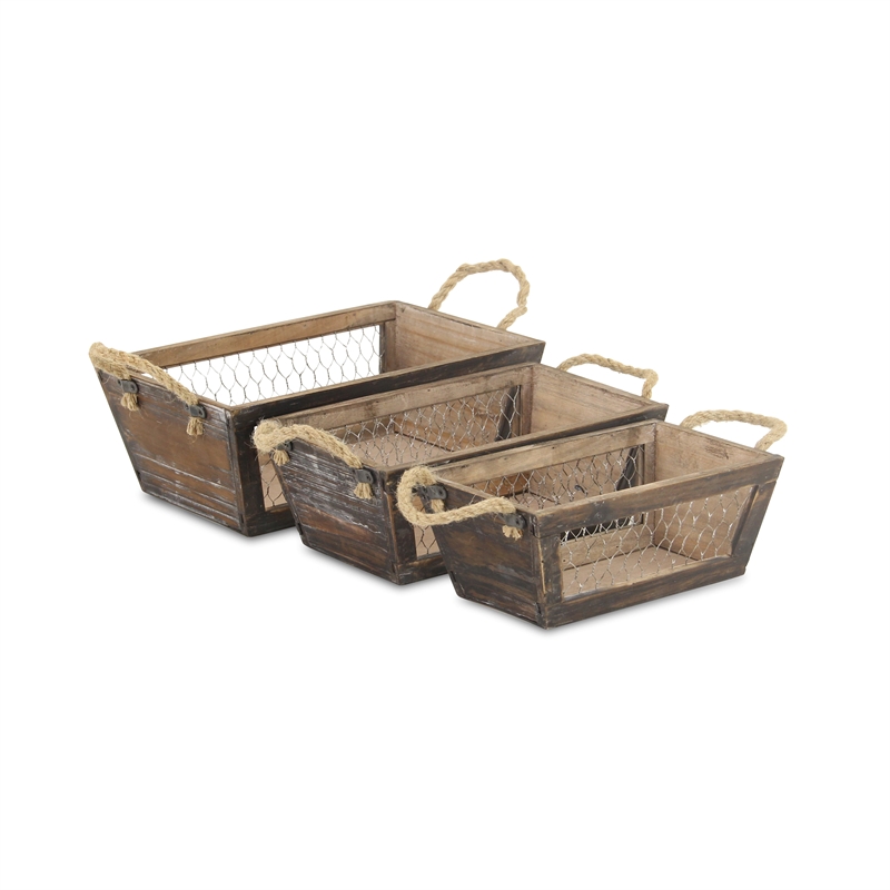 Irona Set of 3 Tapered Wood and Wire Crates - Brown