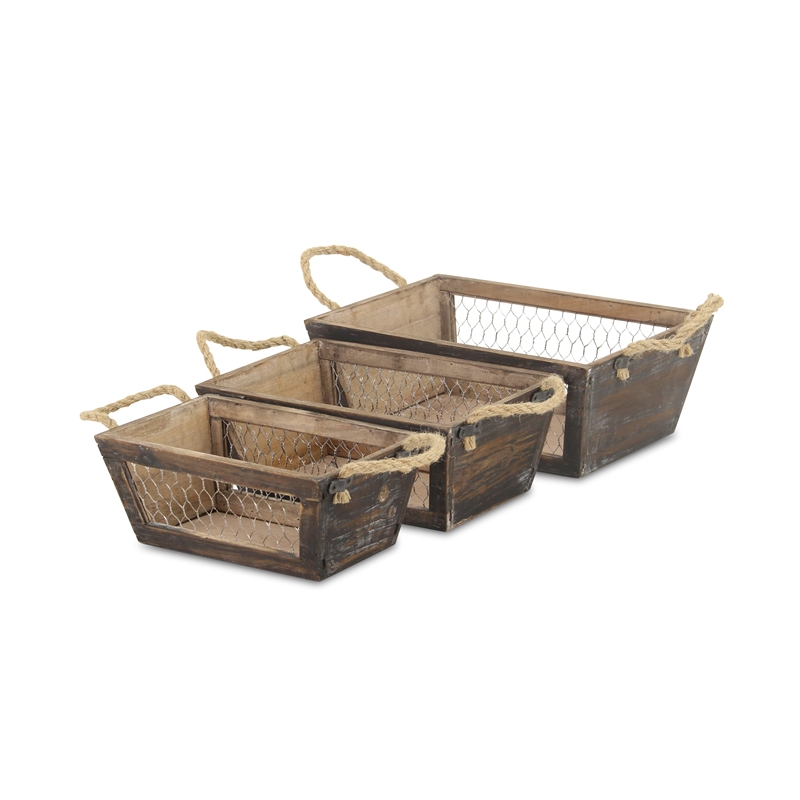 Irona Set of 3 Tapered Wood and Wire Crates - Brown