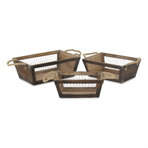 Irona Set of 3 Tapered Wood and Wire Crates - Brown