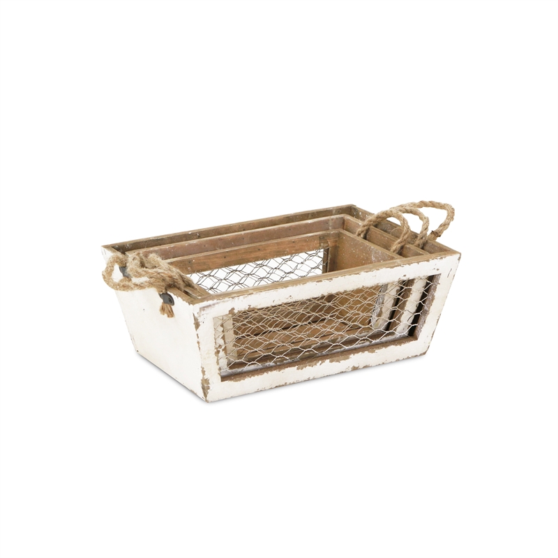Irona Set of 3 Tapered Wood and Wire Crates - White