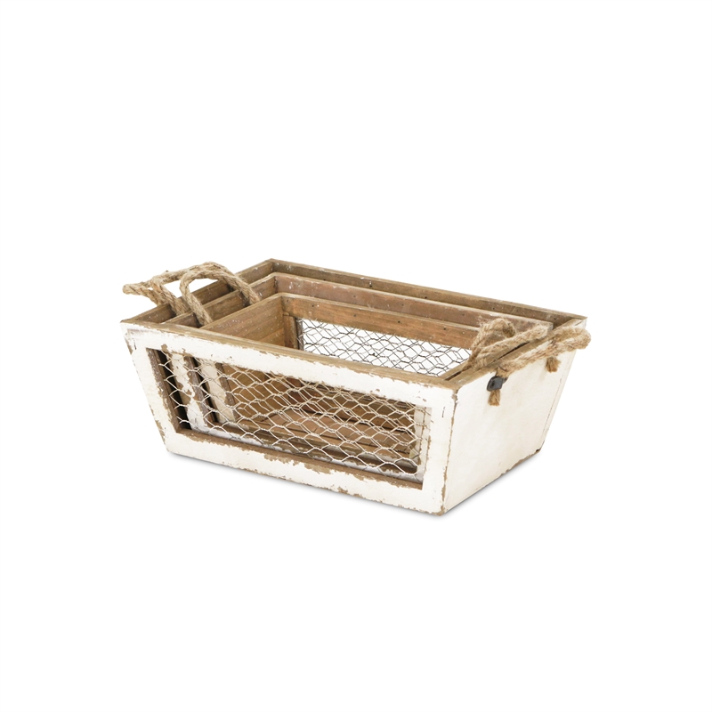 Irona Set of 3 Tapered Wood and Wire Crates - White
