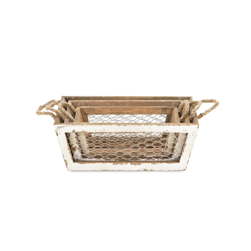 Irona Set of 3 Tapered Wood and Wire Crates - White