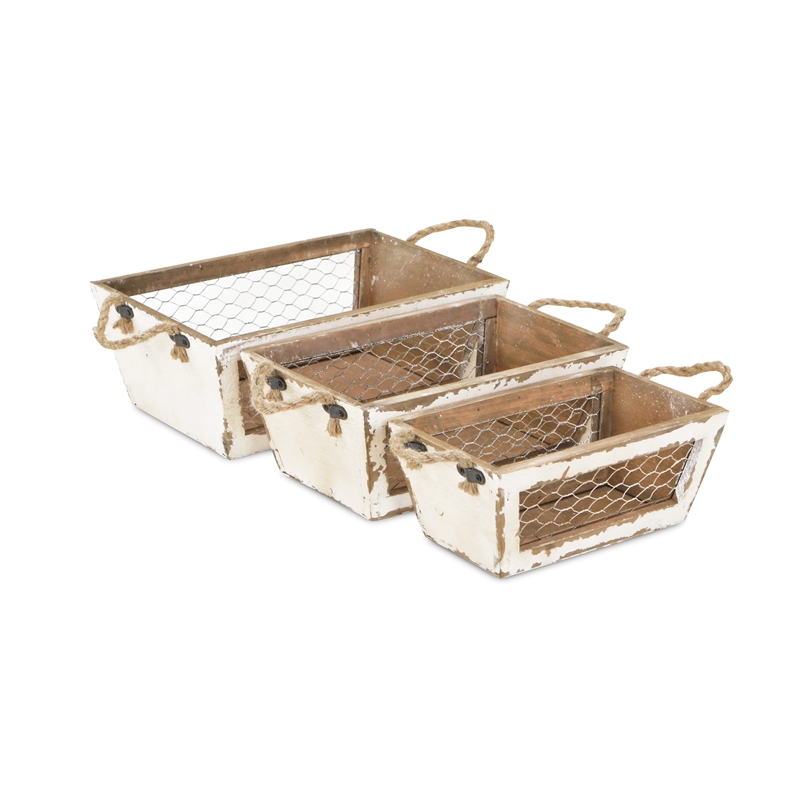 Irona Set of 3 Tapered Wood and Wire Crates - White