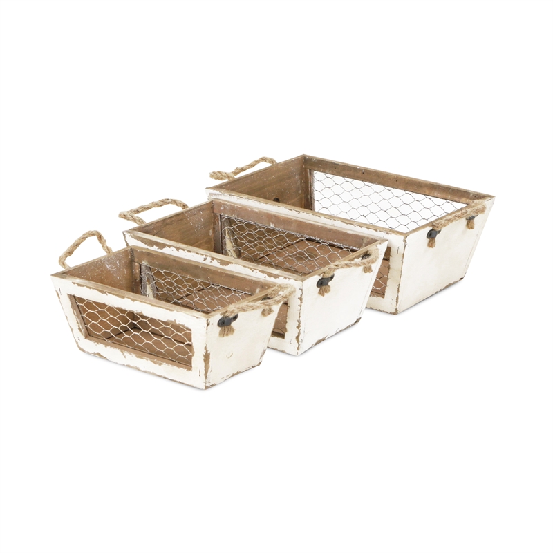 Irona Set of 3 Tapered Wood and Wire Crates - White