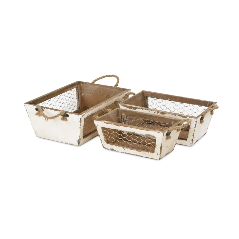 Irona Set of 3 Tapered Wood and Wire Crates - White