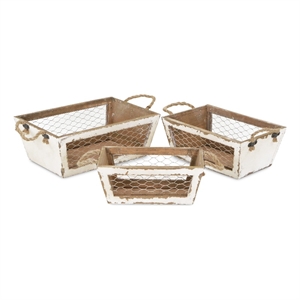 Irona Set of 3 Tapered Wood and Wire Crates - White