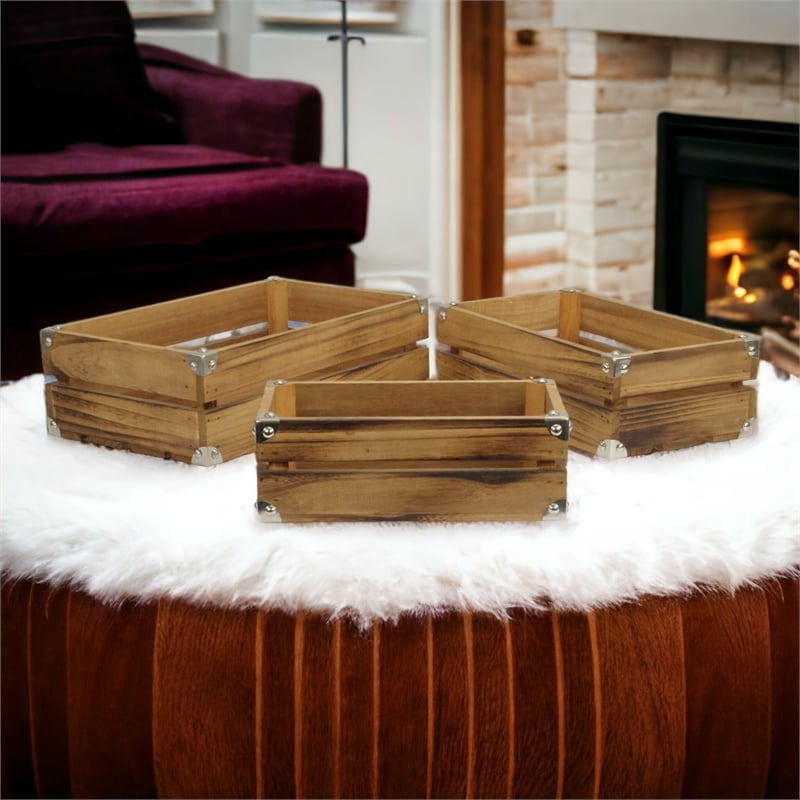 Rustic Farmstead Dark Brown Studded Rectangular Wood Crate Set