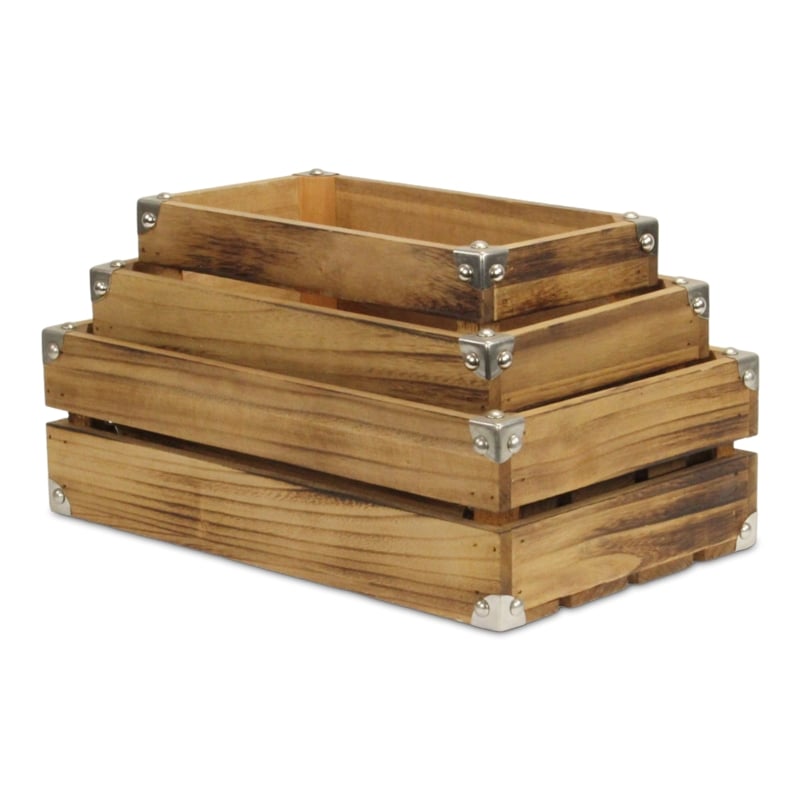 Rustic Farmstead Dark Brown Studded Rectangular Wood Crate Set