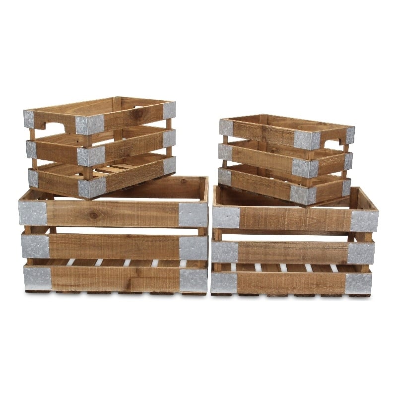 Uliel Set of 4 Galvanized & Brown Crate Set