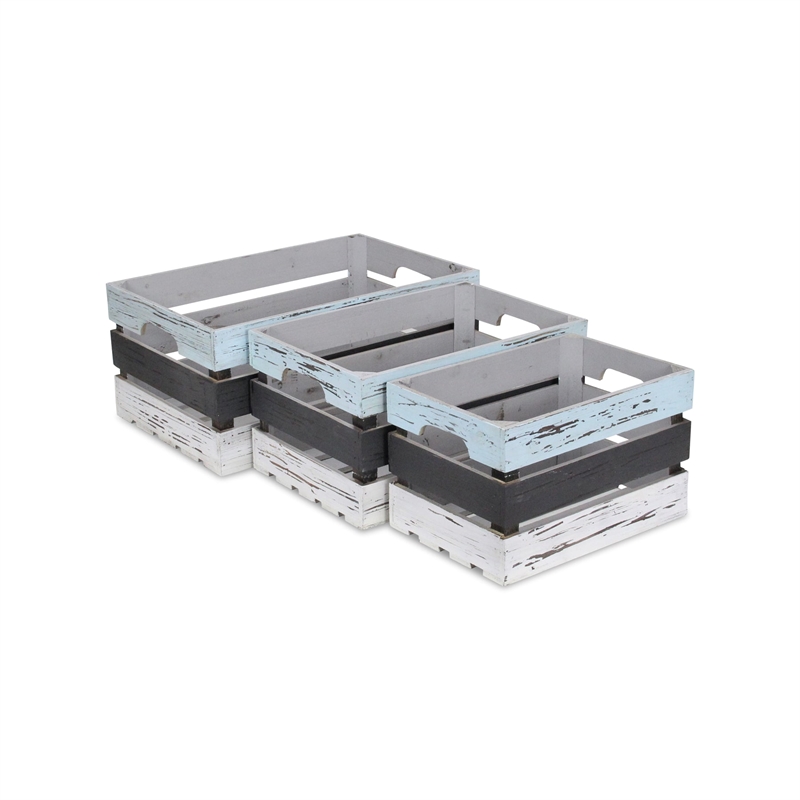 Feliciana Set of 3 Rectangular Wood Slat Crates - Multicolor