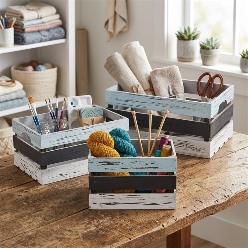 Feliciana Set of 3 Rectangular Wood Slat Crates - Multicolor