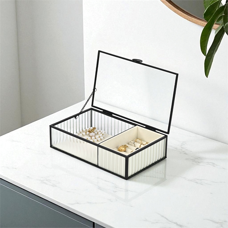 Verena 9.75 inch Glass Jewelry Box with Two Padded Compartments - Black