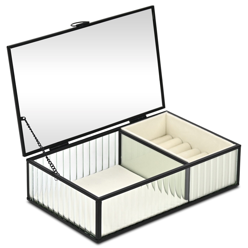 Verena 9.75 inch Glass Jewelry Box with Two Padded Compartments - Black