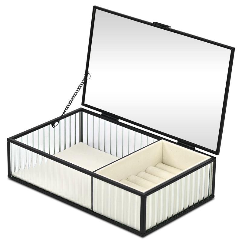 Verena 9.75 inch Glass Jewelry Box with Two Padded Compartments - Black
