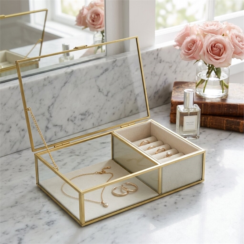 Verena 9.75 inch Glass Jewelry Box with Two Padded Compartments - Gold