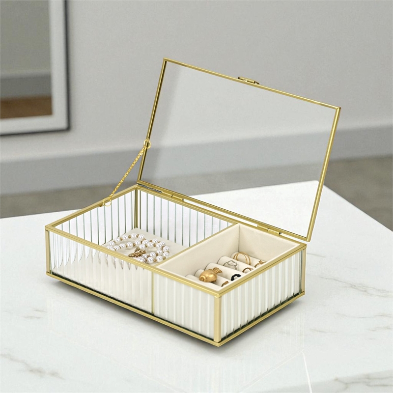 Verena 9.75 inch Glass Jewelry Box with Two Padded Compartments - Gold