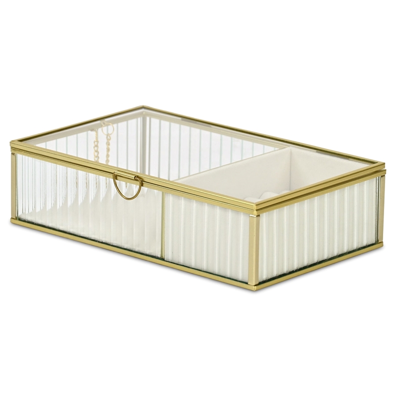 Verena 9.75 inch Glass Jewelry Box with Two Padded Compartments - Gold
