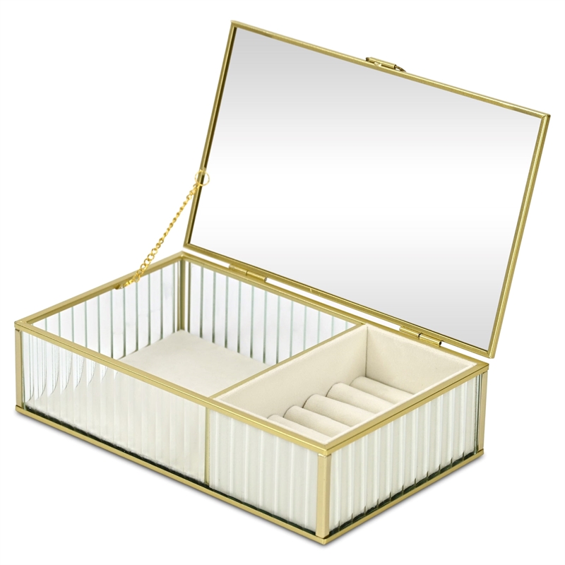 Verena 9.75 inch Glass Jewelry Box with Two Padded Compartments - Gold